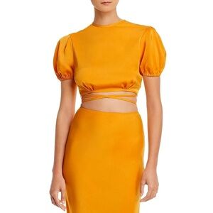 Wayf Vibrant Orange Satin Puff-Sleeve Crop Top/Skirt Set